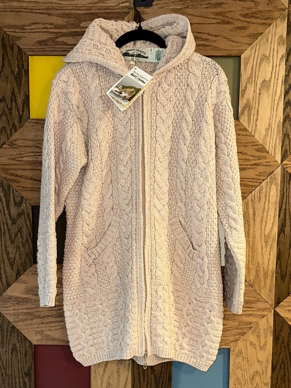 NWT Aran Crafts Ireland Sweater Coat 100% Merino Wool Celtic FullZip Hooded Sz S